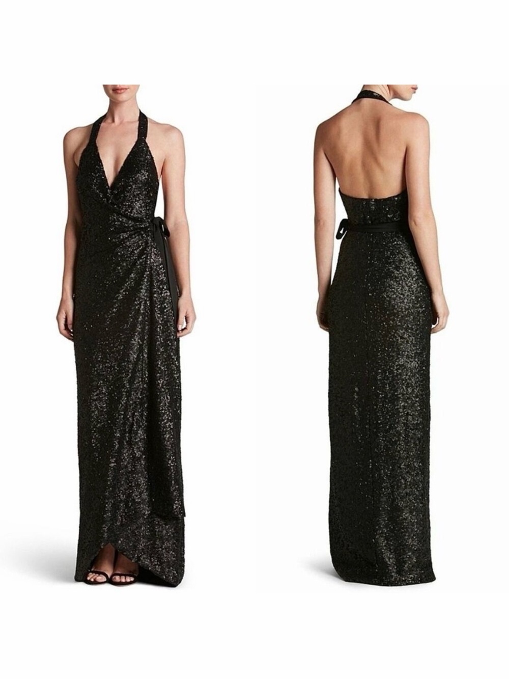 Dress the Population Giselle Black Sequin Halter Wrap Evening Gown Size L
